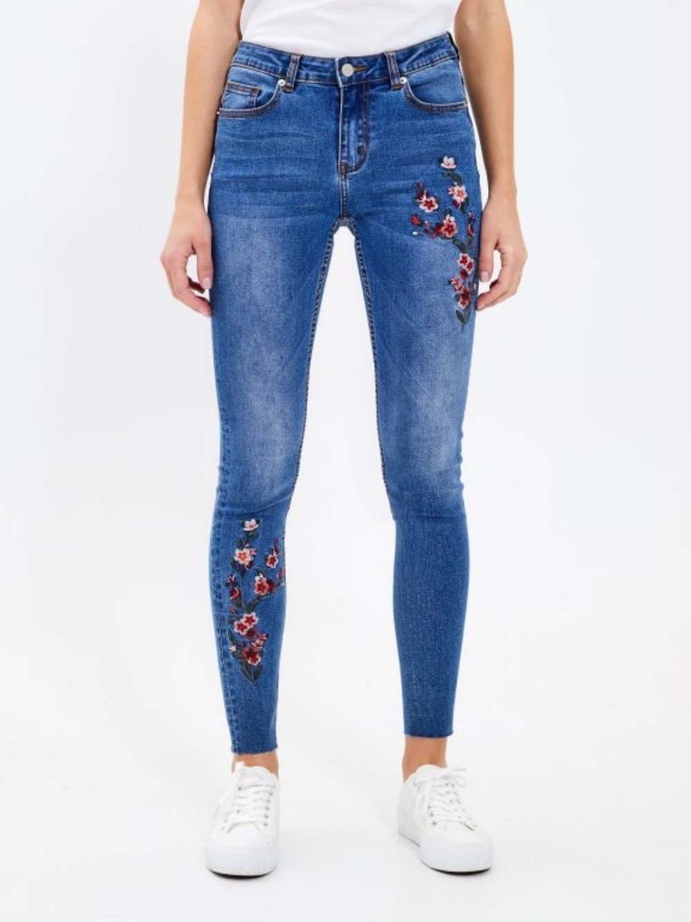 Streetwear Society Blue Skinny Jeans with Floral Embroidery